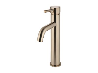 Meir rose-gold basin mixer round with high curved spout